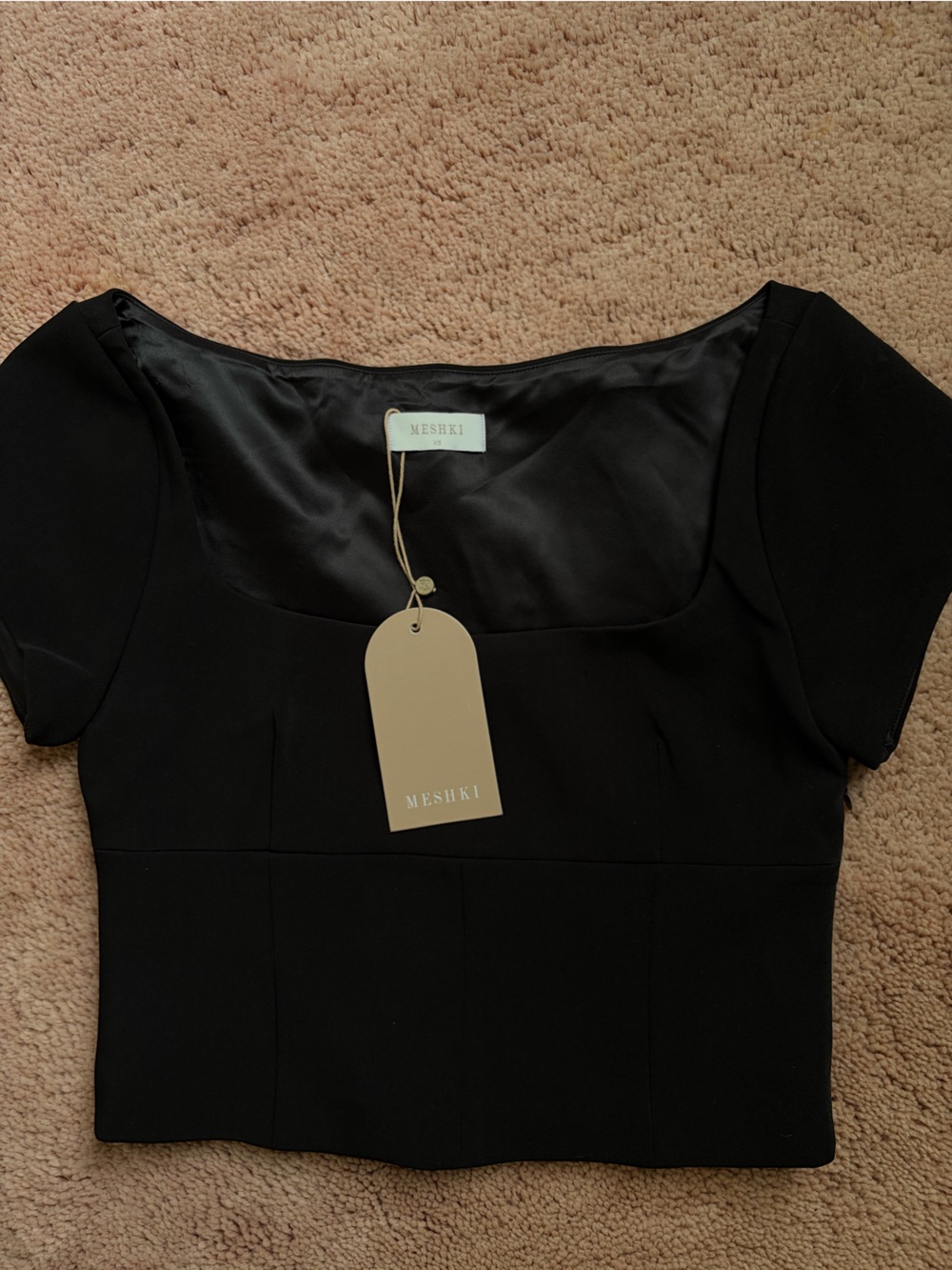 Meshki Black Square-Neck Crop Top with Short Sleeves